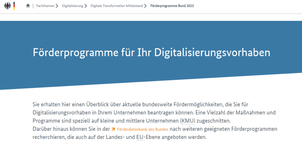 Förderprogramme für Digitalisierungsvorhaben: Screenshot der Förderprogramme des Bundes.